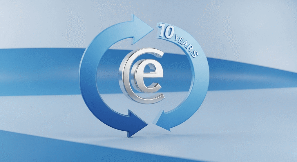 Imagen de un símbolo de infinito o un ciclo que rodea el símbolo de marca registrada ®, representando la renovación y continuidad