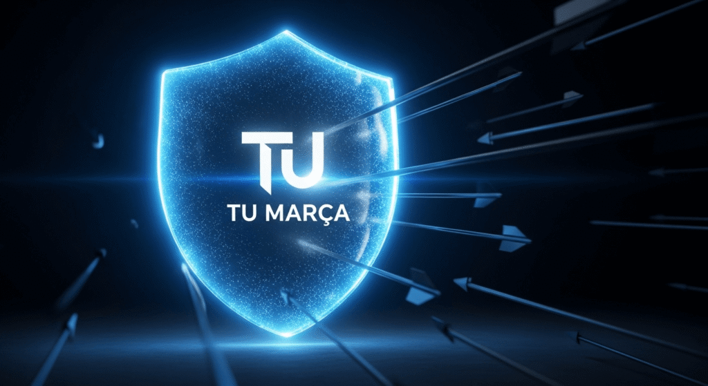 Imagen de un escudo brillante protegiendo un logotipo de flechas oscuras que intentan atacarlo, simbolizando la defensa contra la piratería de marca