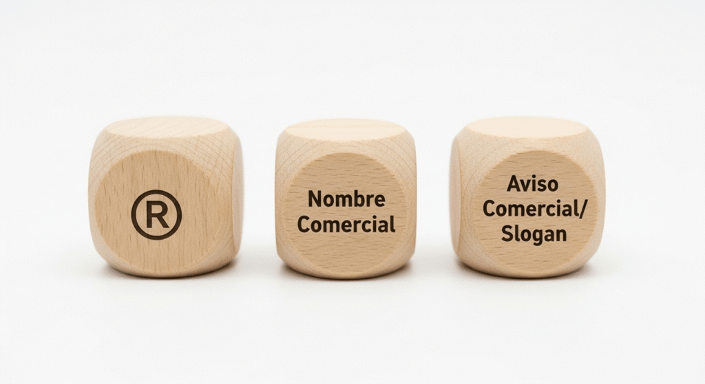 Imagen de tres bloques de madera, cada uno con un símbolo: ®, ™ y ©, representando los diferentes tipos de protección intelectual