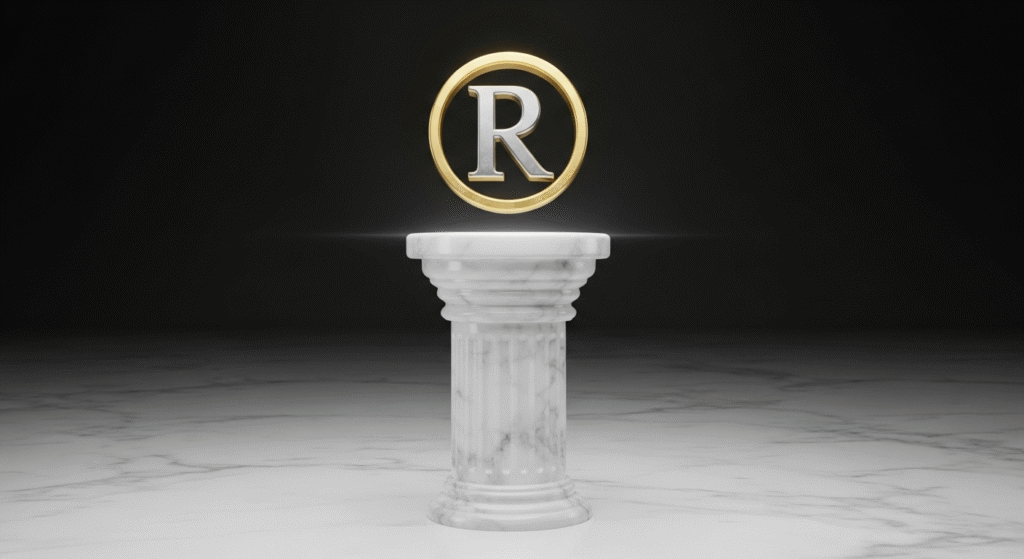 Imagen de un símbolo de marca registrada ® brillando en un pedestal, representando el objetivo de obtener la protección oficial de la marca