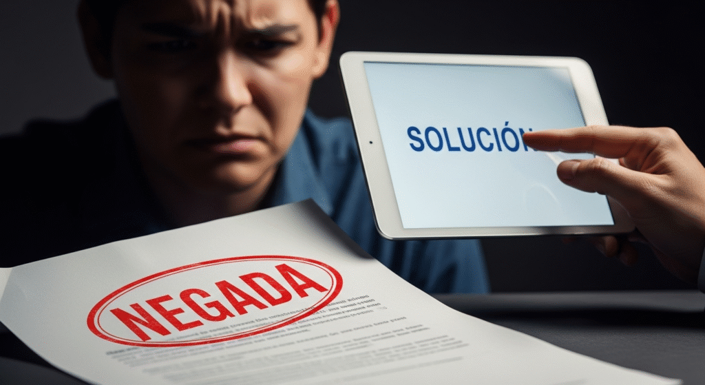 Imagen de una persona preocupada mirando un documento oficial con un sello de "Rechazado", mientras una mano experta le ofrece una pluma para firmar una solución