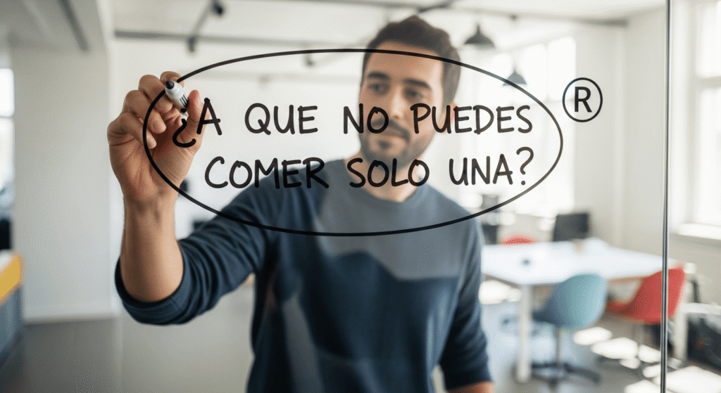 Imagen de una persona escribiendo en una pizarra la frase "¿A que no puedes comer solo una?" y encerrándola en un círculo, representando el registro de un slogan