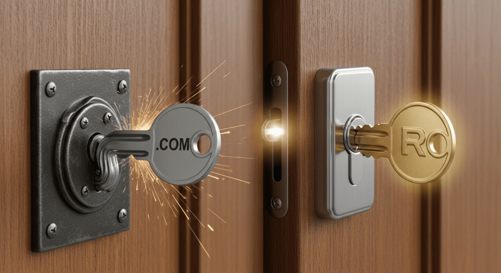 Imagen de dos llaves diferentes, una con la etiqueta ".COM" y otra con el símbolo ®, intentando abrir la misma cerradura con el logo de un negocio