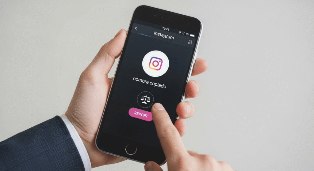 Imagen de un teléfono móvil mostrando un perfil de red social falso, con una mano señalando un botón de "Reportar" con un símbolo de martillo de juez
