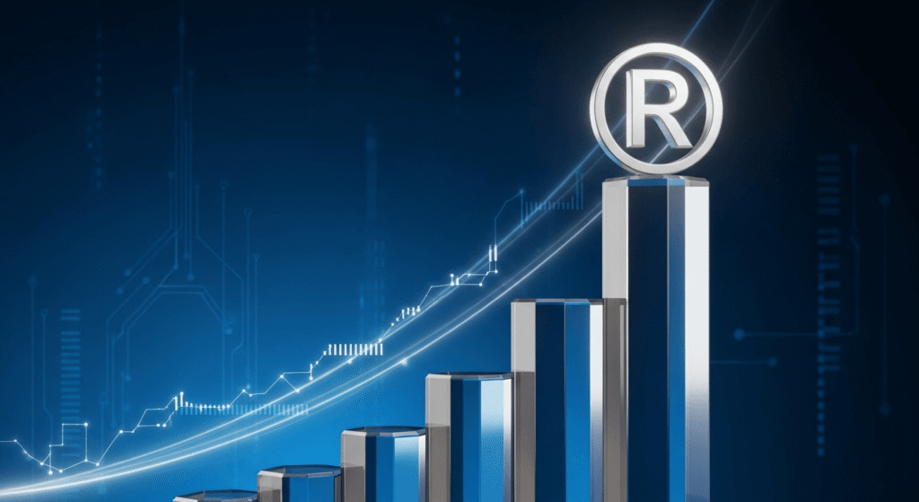 Imagen de un gráfico de barras ascendente con el símbolo ® en la barra más alta, mostrando el crecimiento del valor de una marca