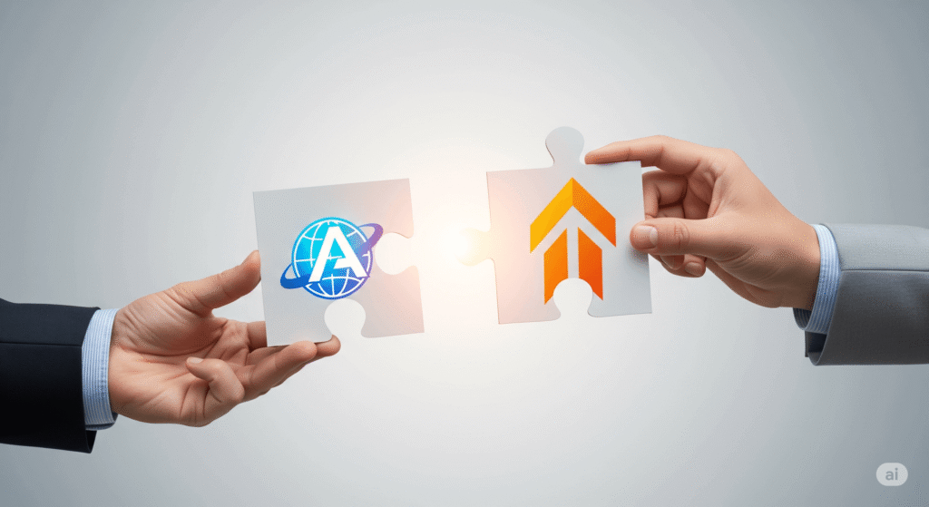 Imagen de dos piezas de rompecabezas con logos diferentes encajando perfectamente, simbolizando una colaboración de co-branding exitosa