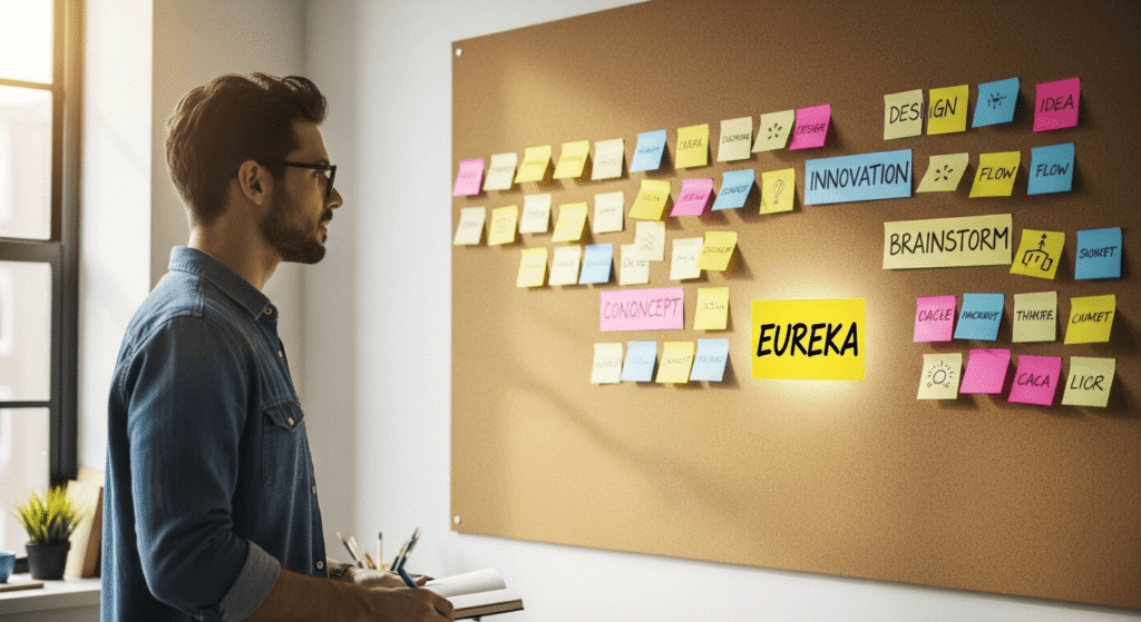 Imagen de una persona mirando una pared llena de post-its con diferentes ideas de nombres de marca, en un proceso de brainstorming