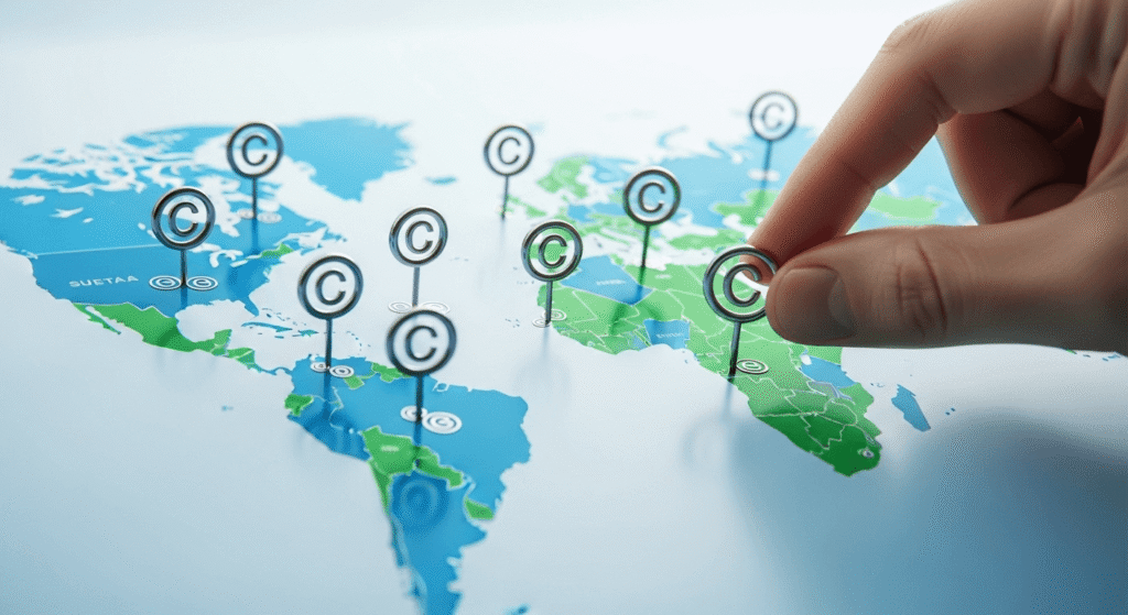 Imagen de un globo terráqueo con el símbolo ® marcando diferentes países, simbolizando el registro de marca internacional