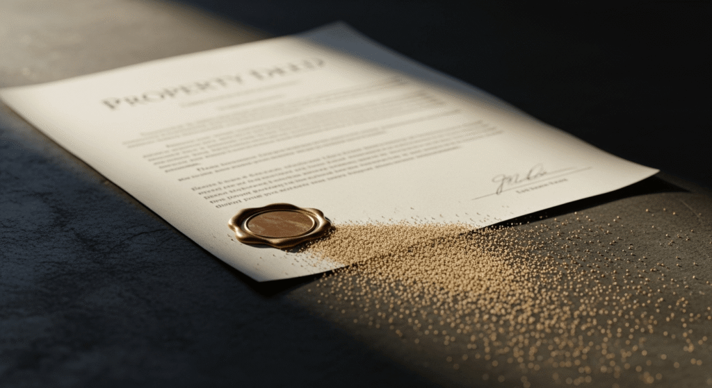 Imagen de un título de marca oficial que se está desvaneciendo como arena, simbolizando la pérdida de derechos de una marca registrada