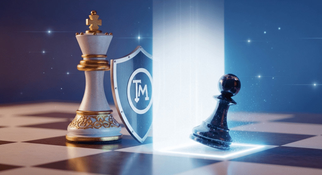 Imagen de un escudo con el símbolo ® para detener una nueva marca que intenta entrar en su espacio