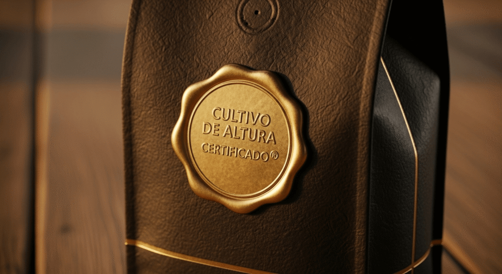 Imagen de un producto de alta calidad (ej: un café) con un sello dorado que dice "Calidad Certificada ®"