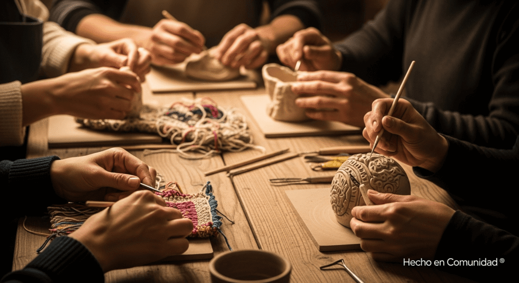 Imagen de varias manos de artesanos trabajando juntas en un producto, con un sello de "Marca Colectiva" sobrepuesto