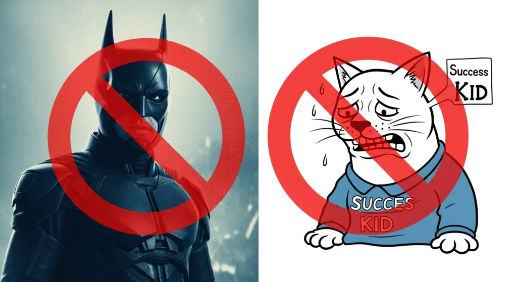 Imagen de un personaje de caricatura famoso con un gran sello de "PROHIBIDO" encima, ilustrando la imposibilidad de registrarlo como marca